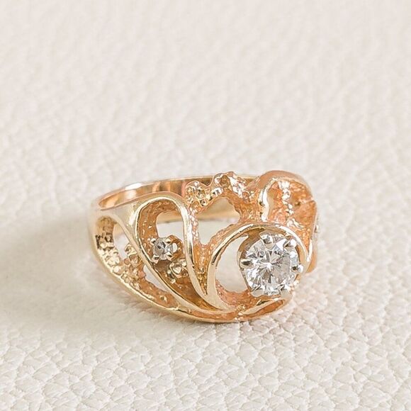 Vintage 14K Gold Brutalist Diamond Ring | Custom Artisan Cast | 0.43ctw | Size 7 - Picture 3 of 16